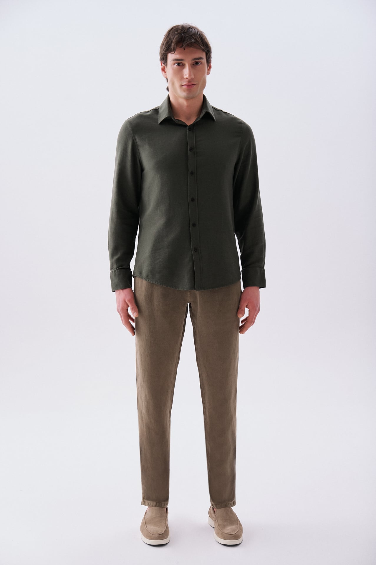 Erkek Kahverengi Keten Karışımlı Straight Fit Pantolon