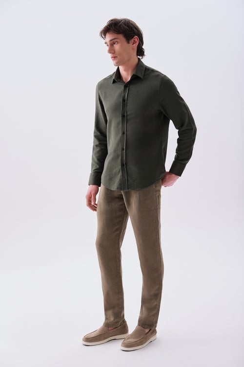  Erkek Vizon Rengi Regular Fit Uzun Kollu Gömlek