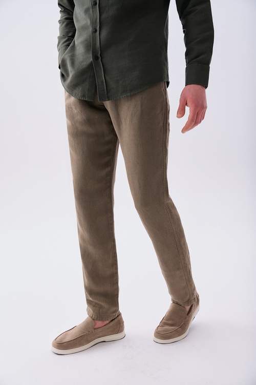Erkek Kahverengi Keten Karışımlı Straight Fit Pantolon