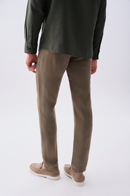  Erkek Kahverengi Keten Karışımlı Straight Fit Pantolon