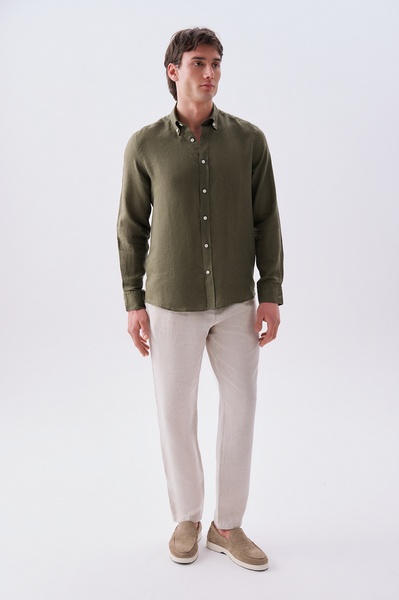 Mudo Erkek Bej Straight Fit Keten Pantolon