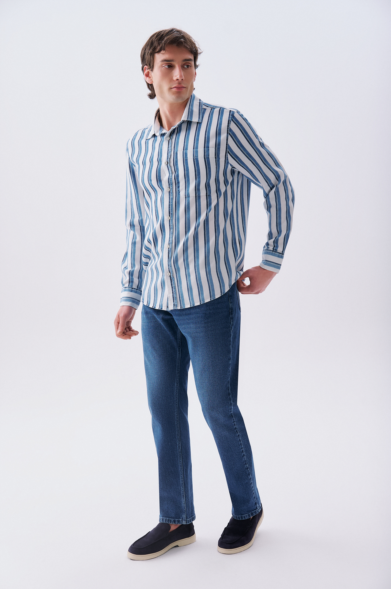 Erkek İndigo Çizgili Comfort Fit Uzun Kollu Gömlek