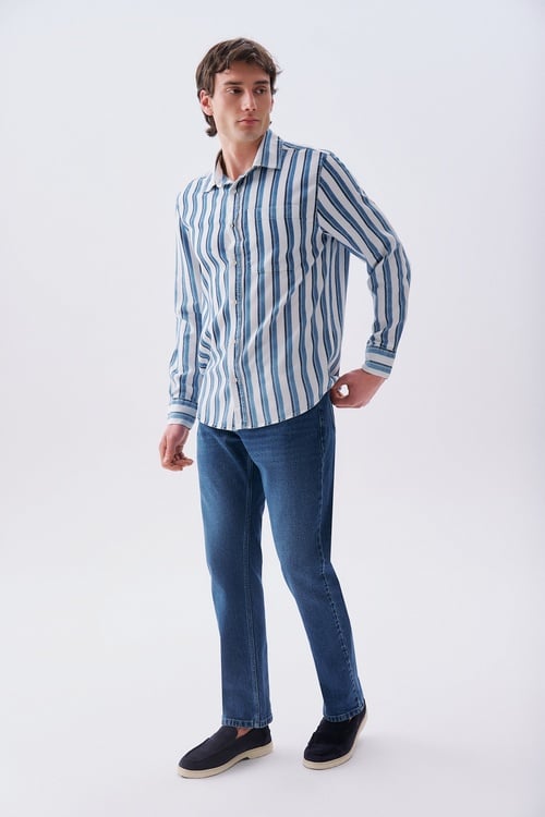 Erkek İndigo Çizgili Comfort Fit Uzun Kollu Gömlek