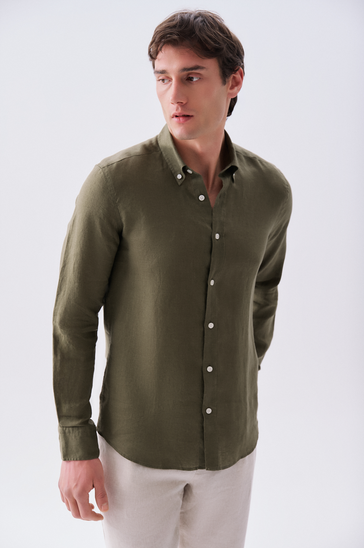 Erkek Haki Slim Fit Uzun Kollu Keten Gömlek