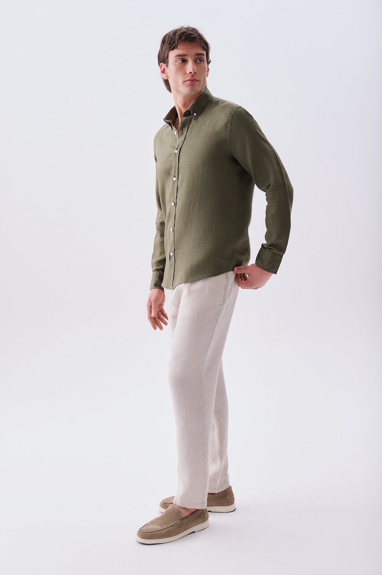 Erkek Haki Slim Fit Uzun Kollu Keten Gömlek