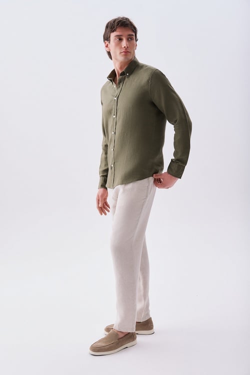  Erkek Haki Slim Fit Uzun Kollu Keten Gömlek