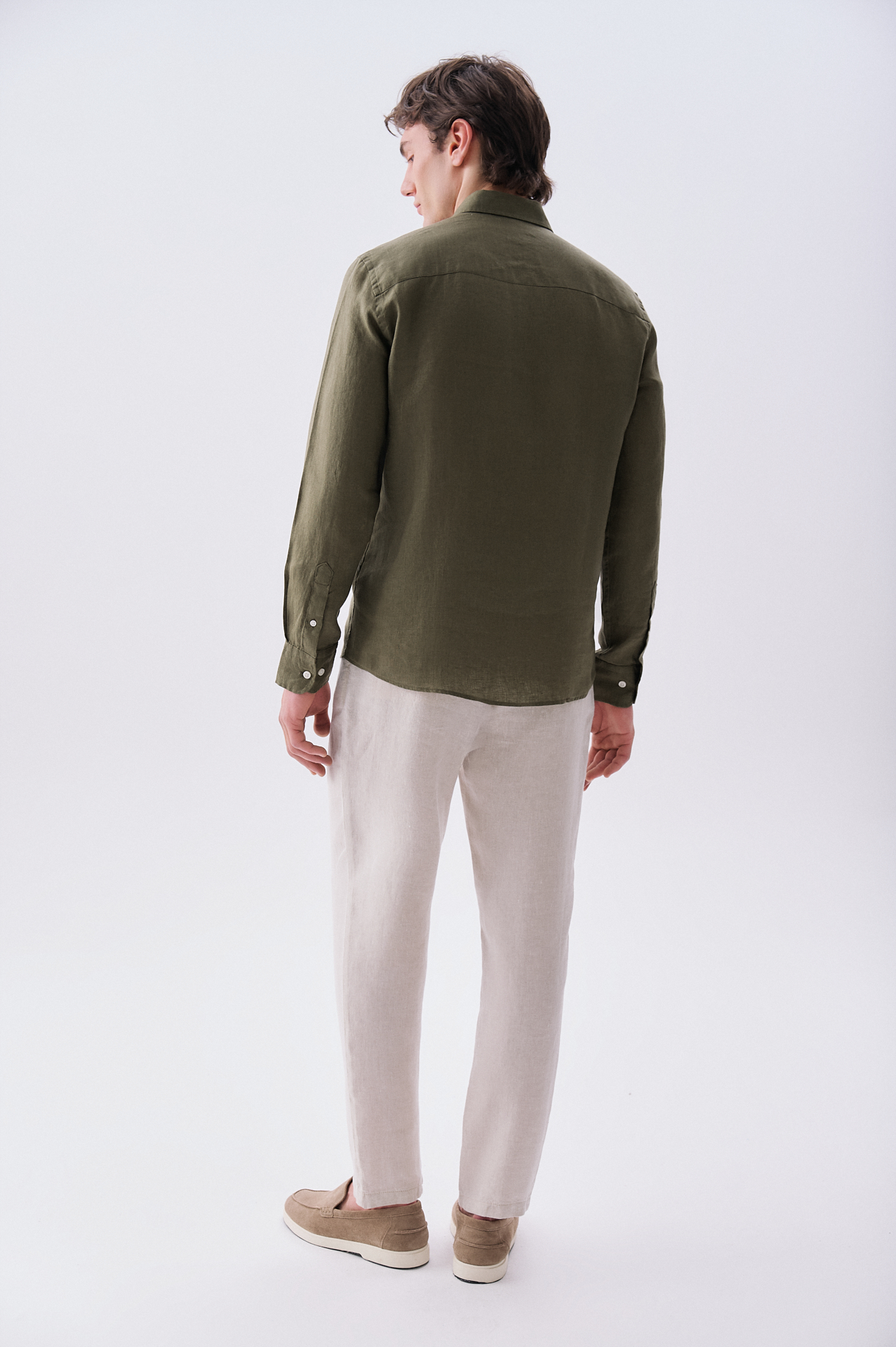 Erkek Haki Slim Fit Uzun Kollu Keten Gömlek