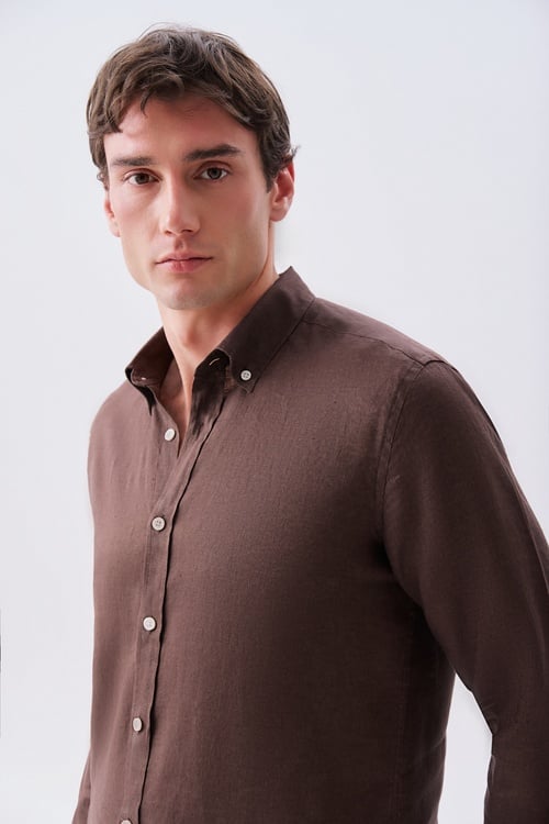  Erkek Kahverengi Slim Fit Uzun Kollu Keten Gömlek