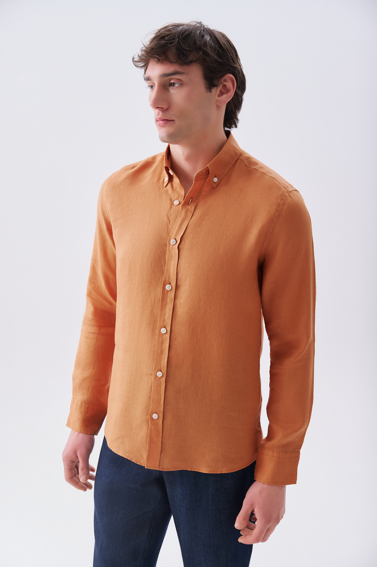 Erkek Turuncu Slim Fit Uzun Kollu Keten Gömlek