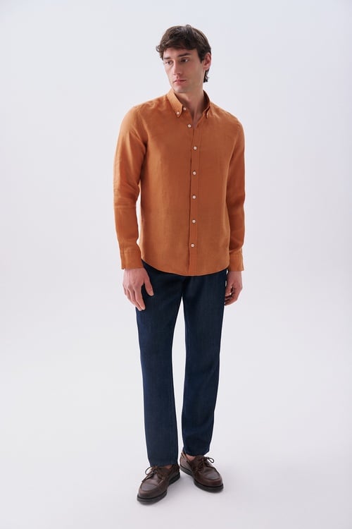  Erkek Turuncu Slim Fit Uzun Kollu Keten Gömlek