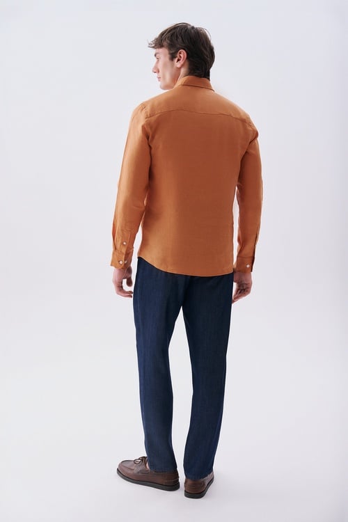  Erkek Turuncu Slim Fit Uzun Kollu Keten Gömlek