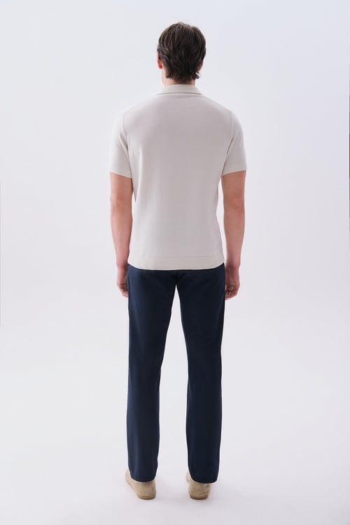 Erkek Kırık Beyaz Polo Yaka Kısa Kollu Triko Kazak