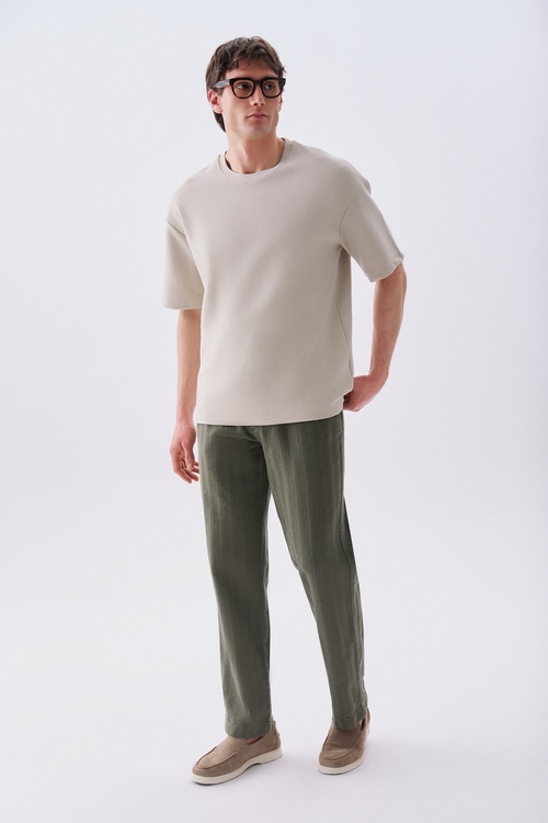 Erkek Haki Tekstürlü Comfort Fit Beli Bağlamalı Pantolon