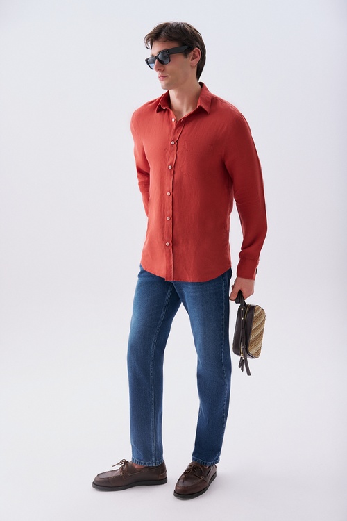  Erkek Kiremit Rengi Regular Fit Uzun Kollu Keten Gömlek