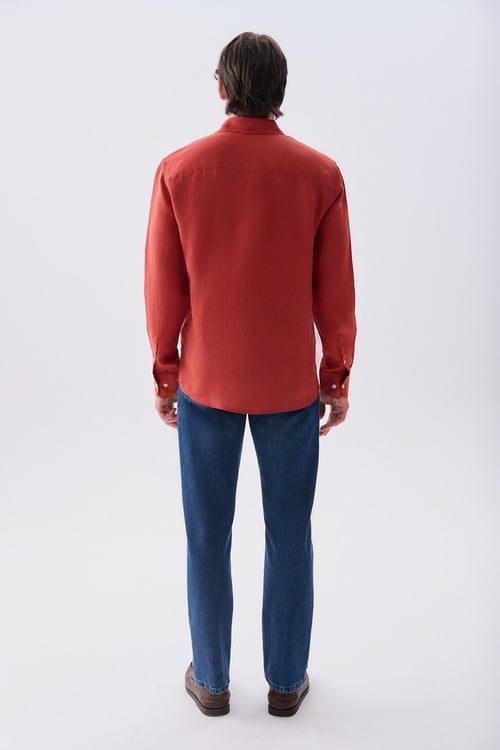  Erkek Kiremit Rengi Regular Fit Uzun Kollu Keten Gömlek