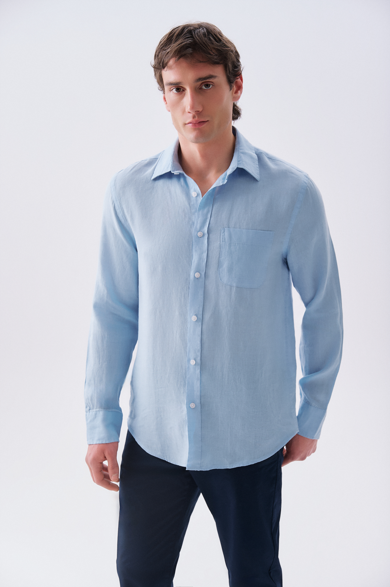 Erkek Mavi Regular Fit Uzun Kollu Keten Gömlek