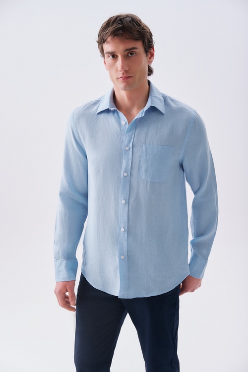  Erkek Mavi Regular Fit Uzun Kollu Keten Gömlek