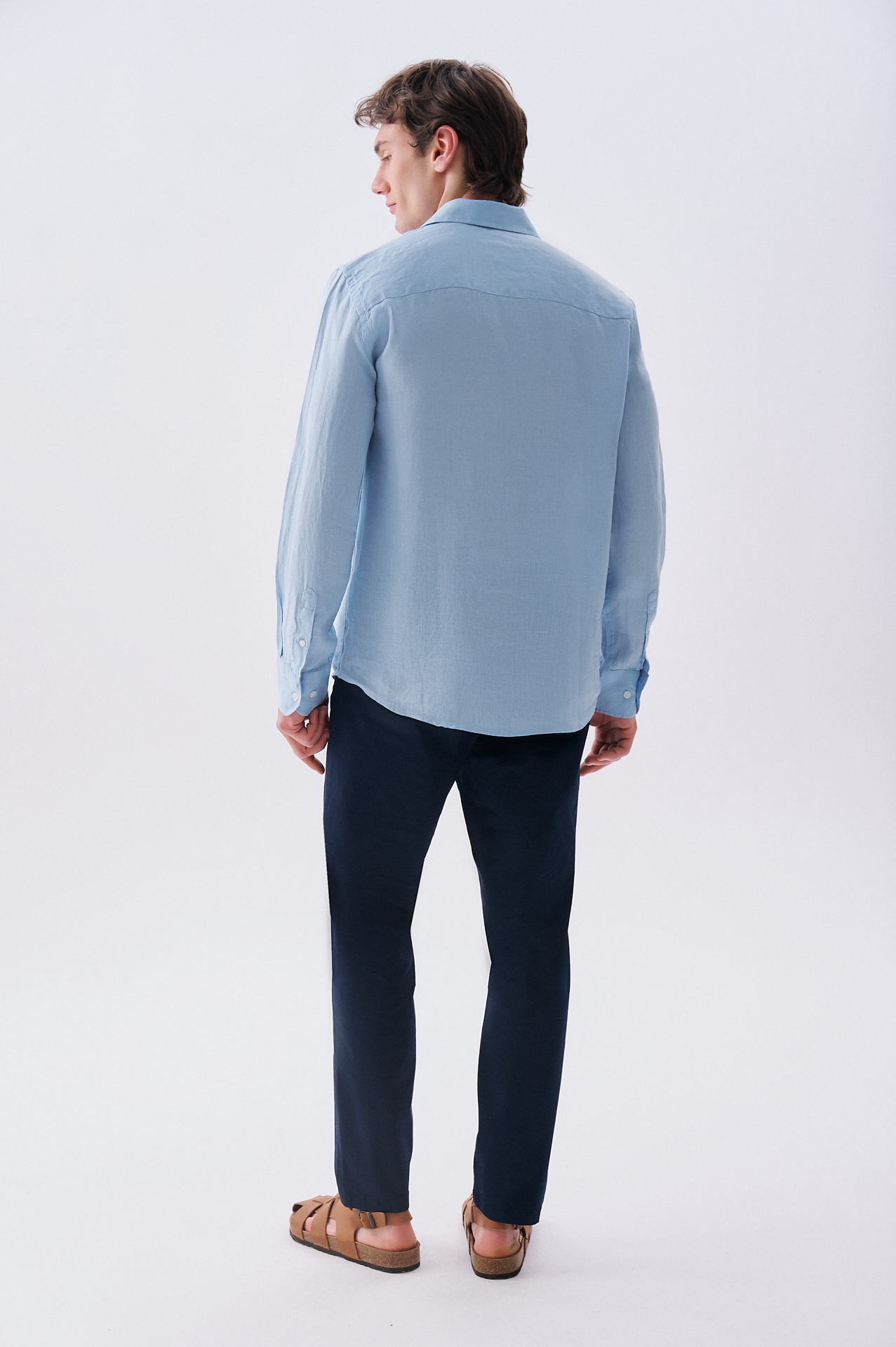 Erkek Mavi Regular Fit Uzun Kollu Keten Gömlek