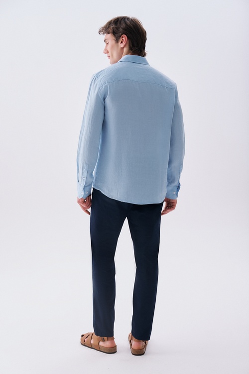  Erkek Mavi Regular Fit Uzun Kollu Keten Gömlek