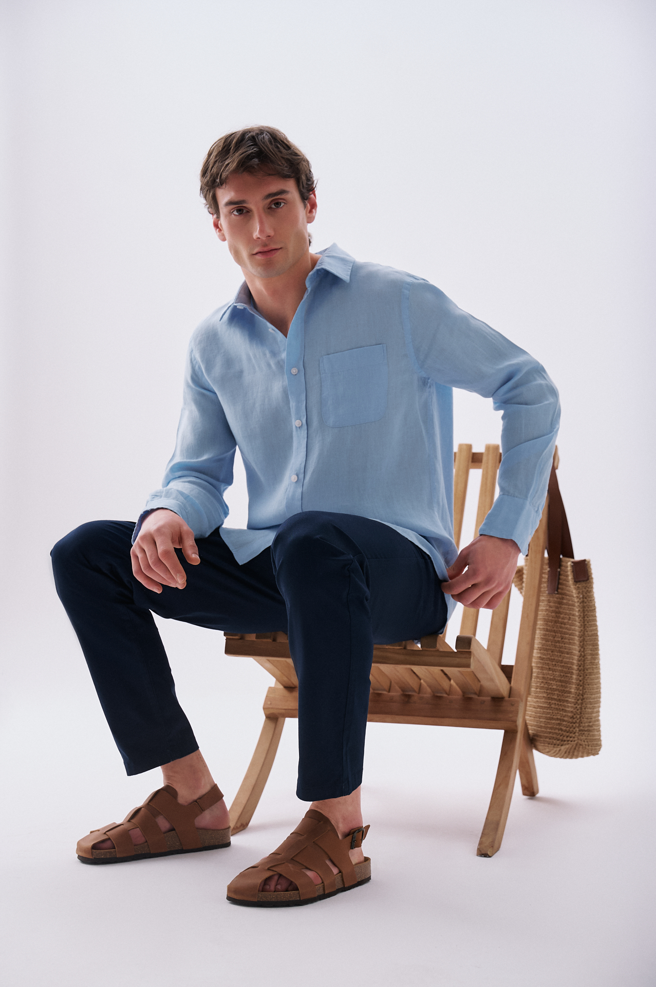 Erkek Mavi Regular Fit Uzun Kollu Keten Gömlek