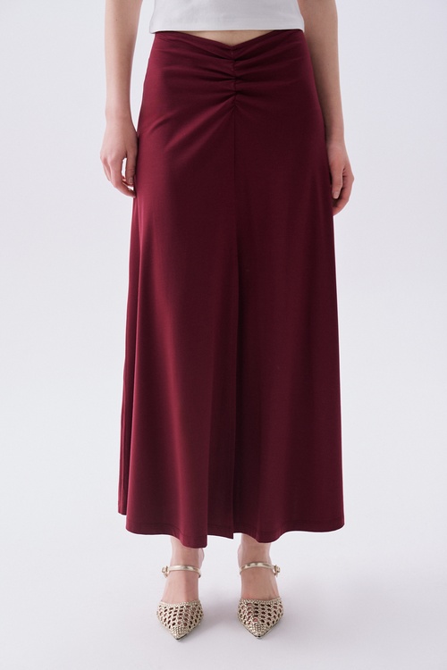 Kadın Bordo A Form Beli Büzgülü Yırtmaçlı Uzun Etek