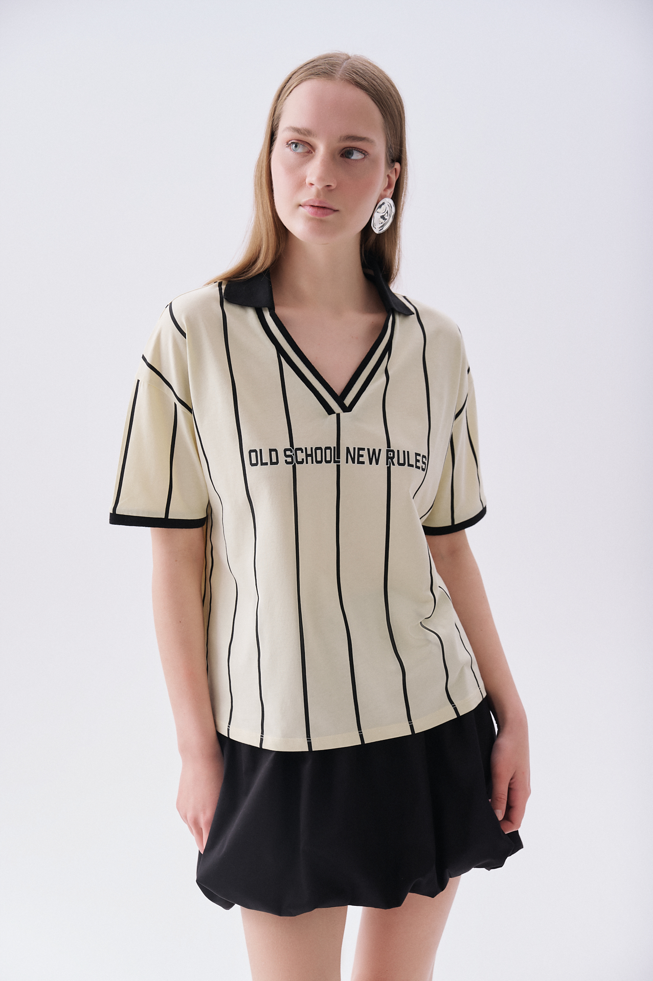 Kadın Sarı Baskılı Loose Fit Polo Yaka T-Shirt