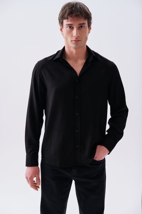 Erkek Siyah Regular Fit Uzun Kollu Gömlek
