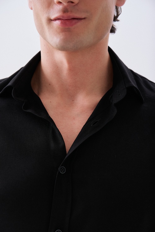 Erkek Siyah Regular Fit Uzun Kollu Gömlek