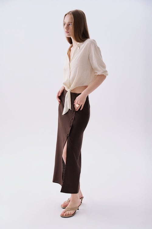 DÜĞME DETAYLI MİDİ KETEN ETEK