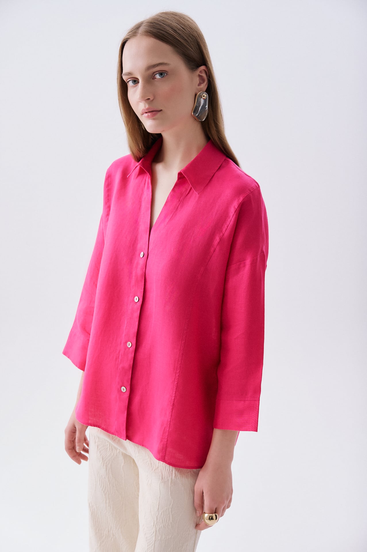 Kadın Fuşya 3/4 Kol Oversize Keten Gömlek
