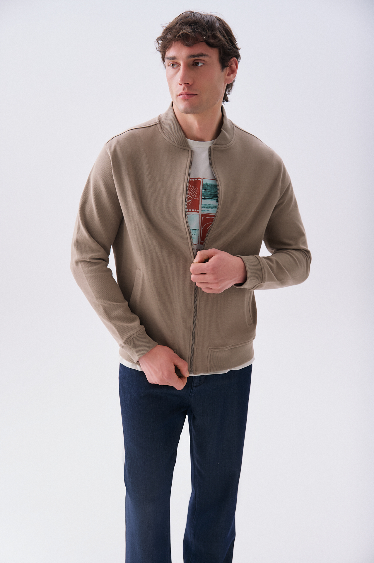 Erkek Vizon Rengi Regular Fit Bomber Ceket