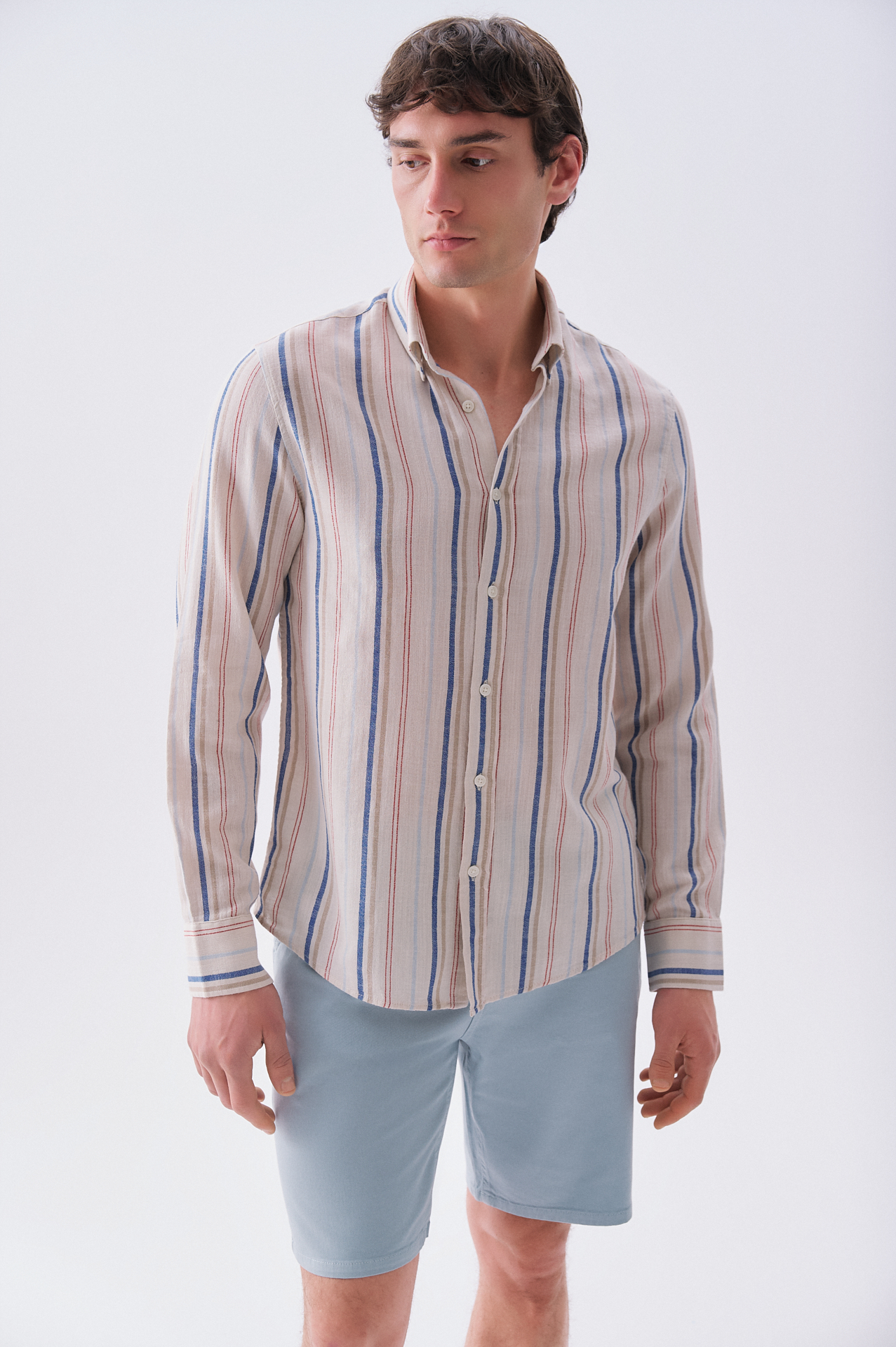 Erkek Ekru Çizgili Regular Fit Uzun Kollu Gömlek