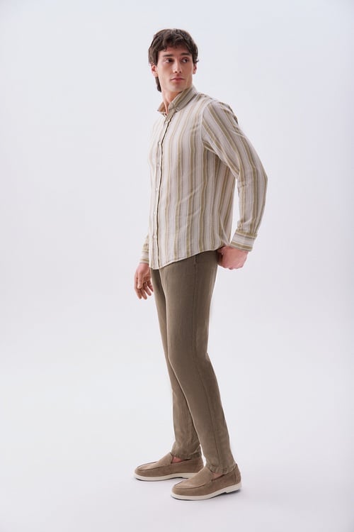 Erkek Ekru Çizgili Regular Fit Uzun Kollu Gömlek