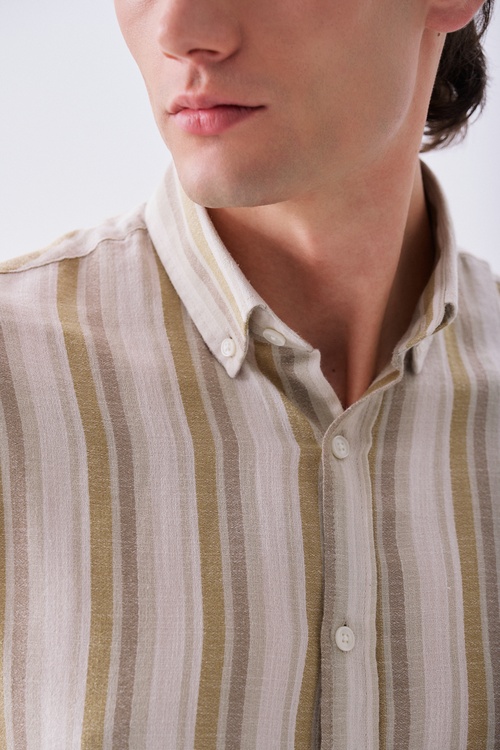 Erkek Ekru Çizgili Regular Fit Uzun Kollu Gömlek