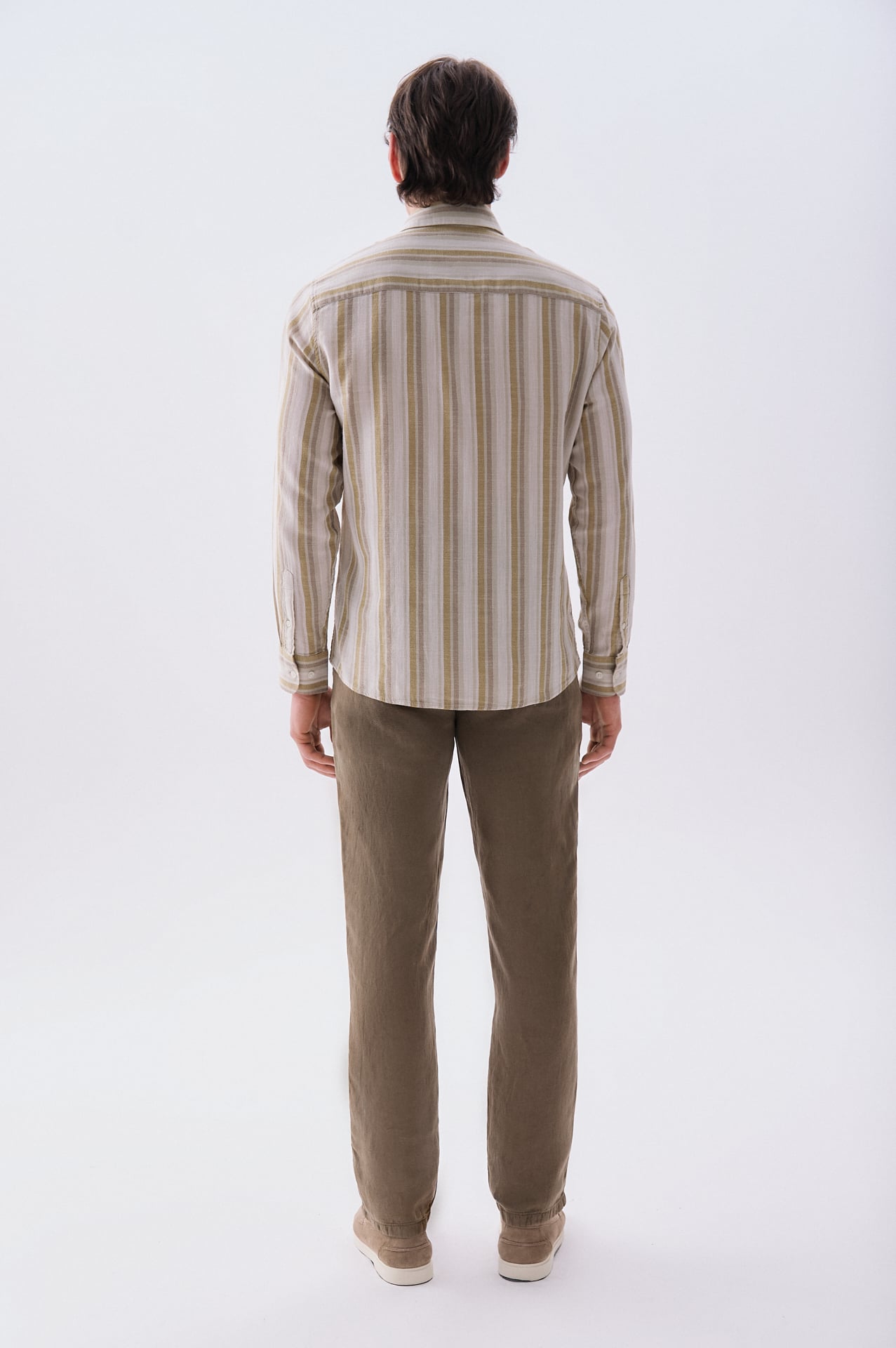 Erkek Ekru Çizgili Regular Fit Uzun Kollu Gömlek