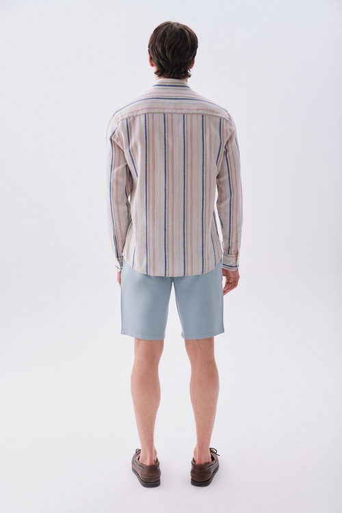 Erkek Ekru Çizgili Regular Fit Uzun Kollu Gömlek