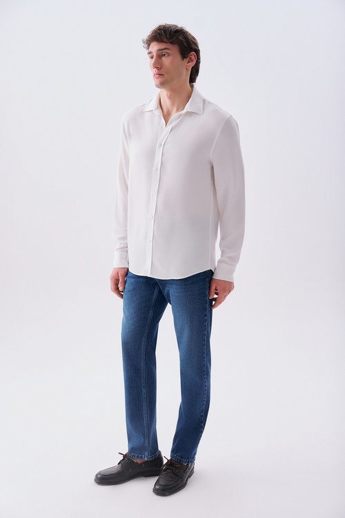 Erkek Beyaz Regular Fit Uzun Kollu Modal Gömlek