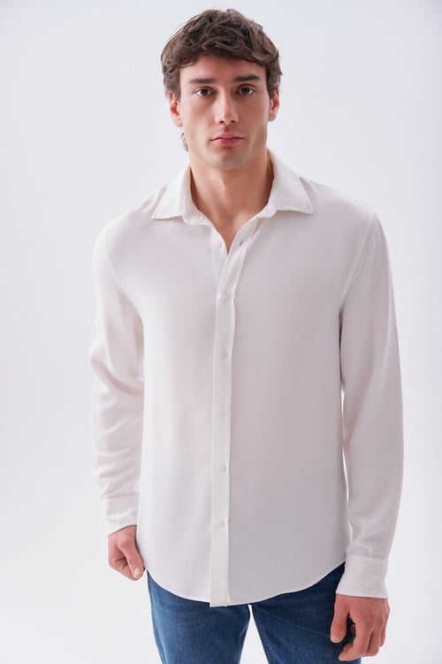 Erkek Beyaz Regular Fit Uzun Kollu Modal Gömlek