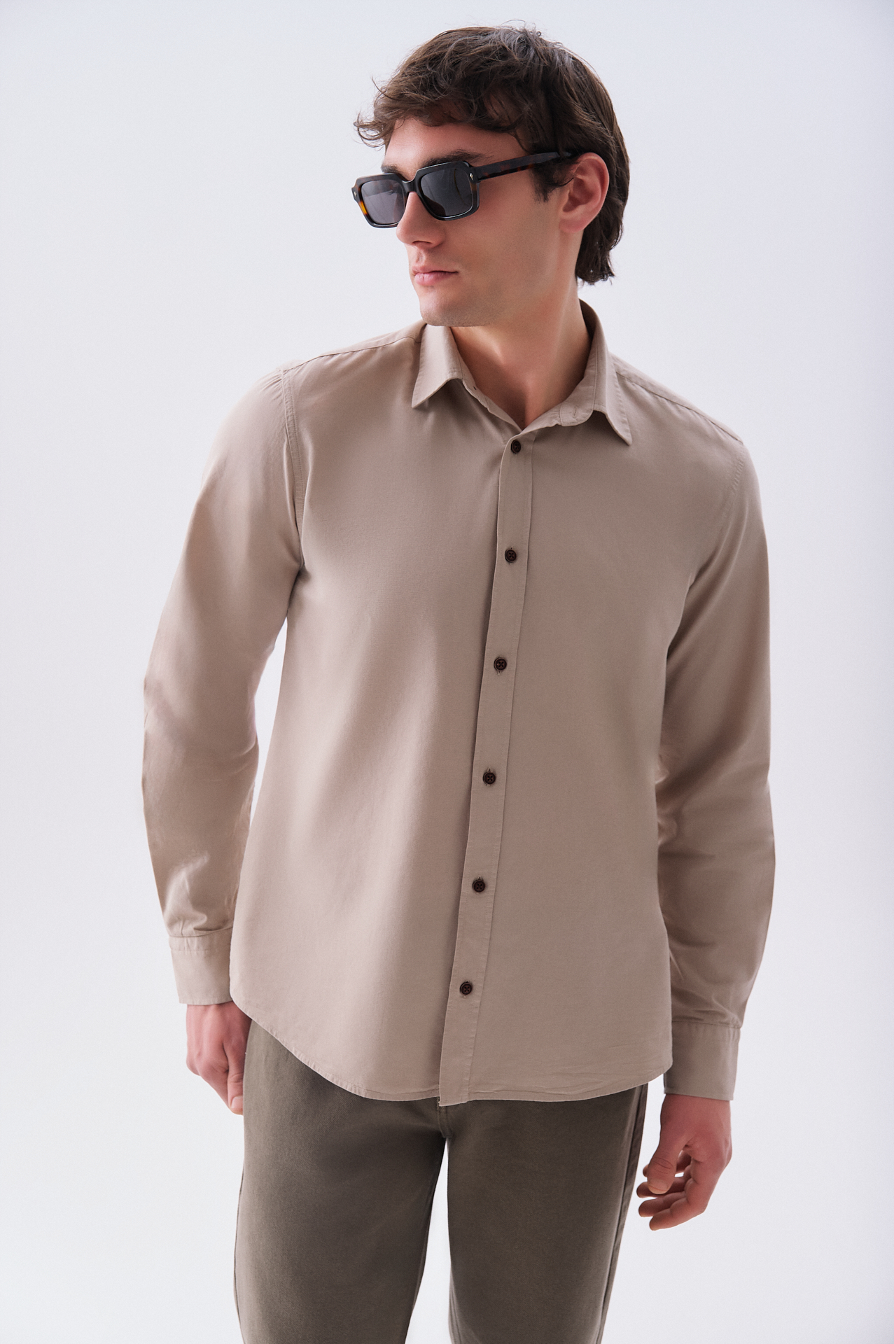 Erkek Bej Regular Fit Uzun Kollu Gömlek
