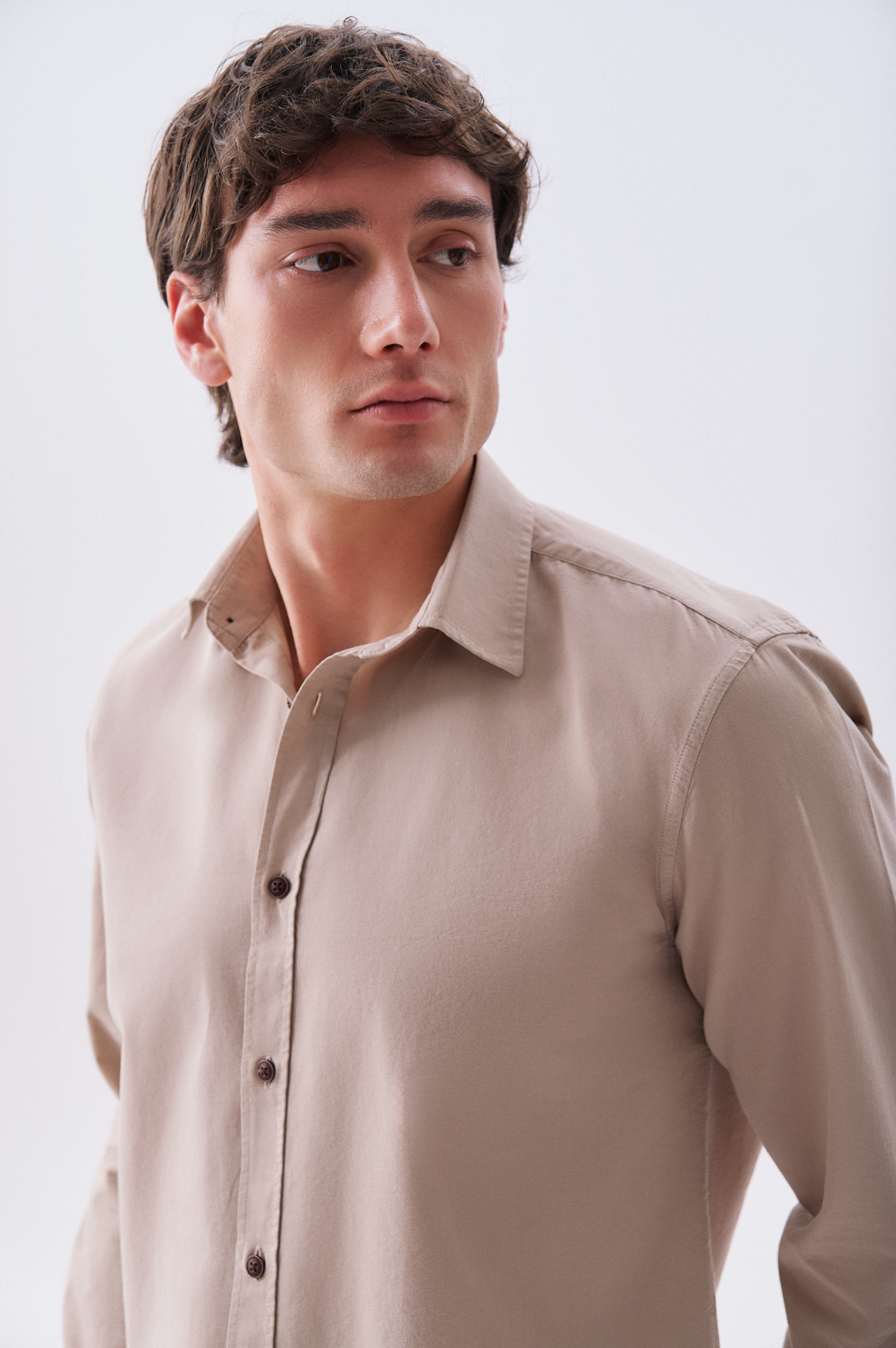 Erkek Bej Regular Fit Uzun Kollu Gömlek