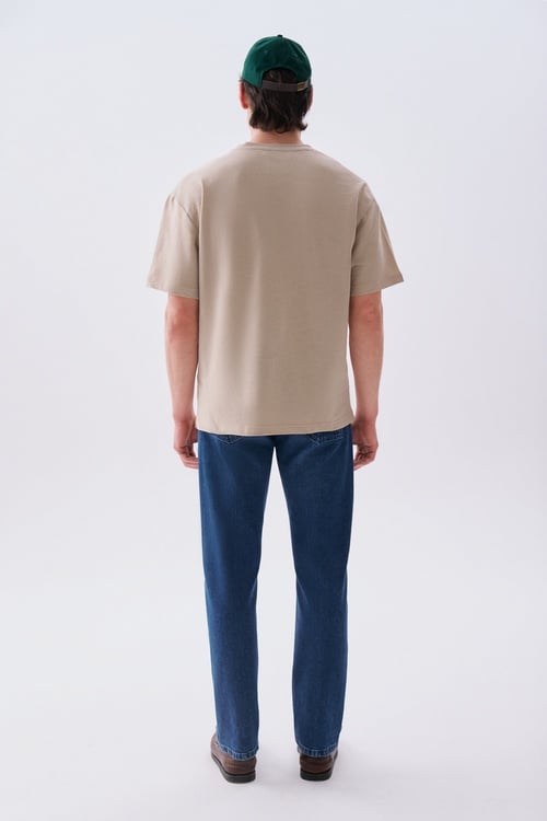 Erkek Bej Rengi Comfort Fit Bisiklet Yaka T-Shirt