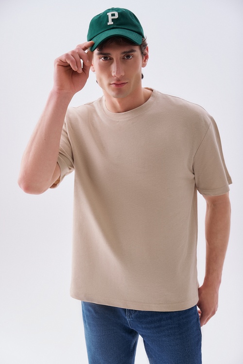 Erkek Bej Rengi Comfort Fit Bisiklet Yaka T-Shirt