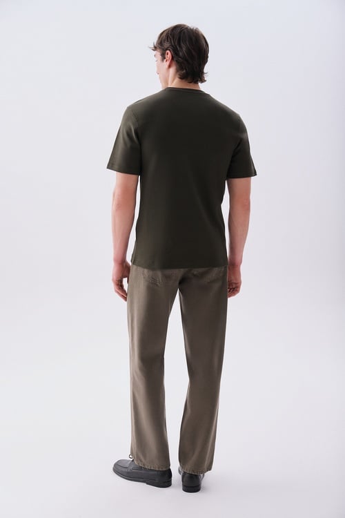  Erkek Haki Bisiklet Yaka T-Shirt