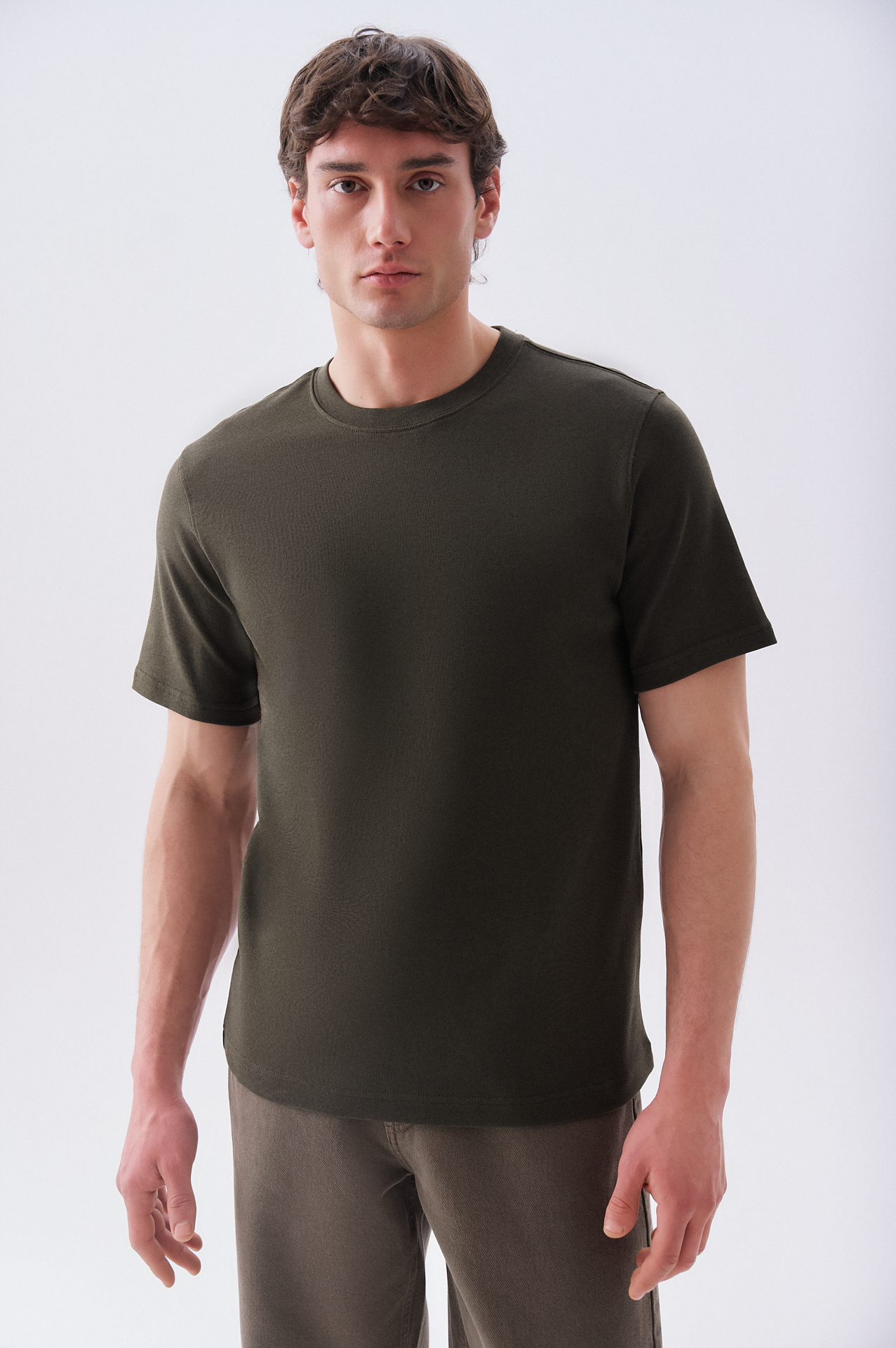 Erkek Haki Bisiklet Yaka T-Shirt