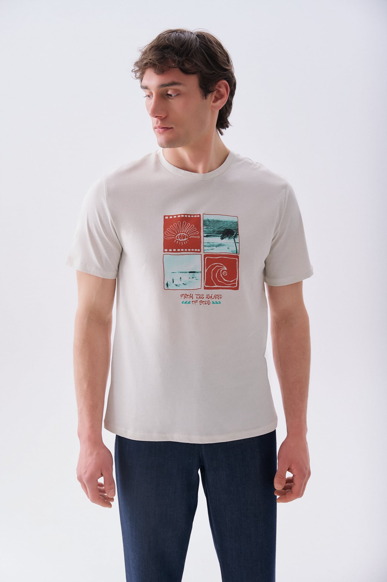 Erkek Taş Rengi Baskılı Bisiklet Yaka T-Shirt