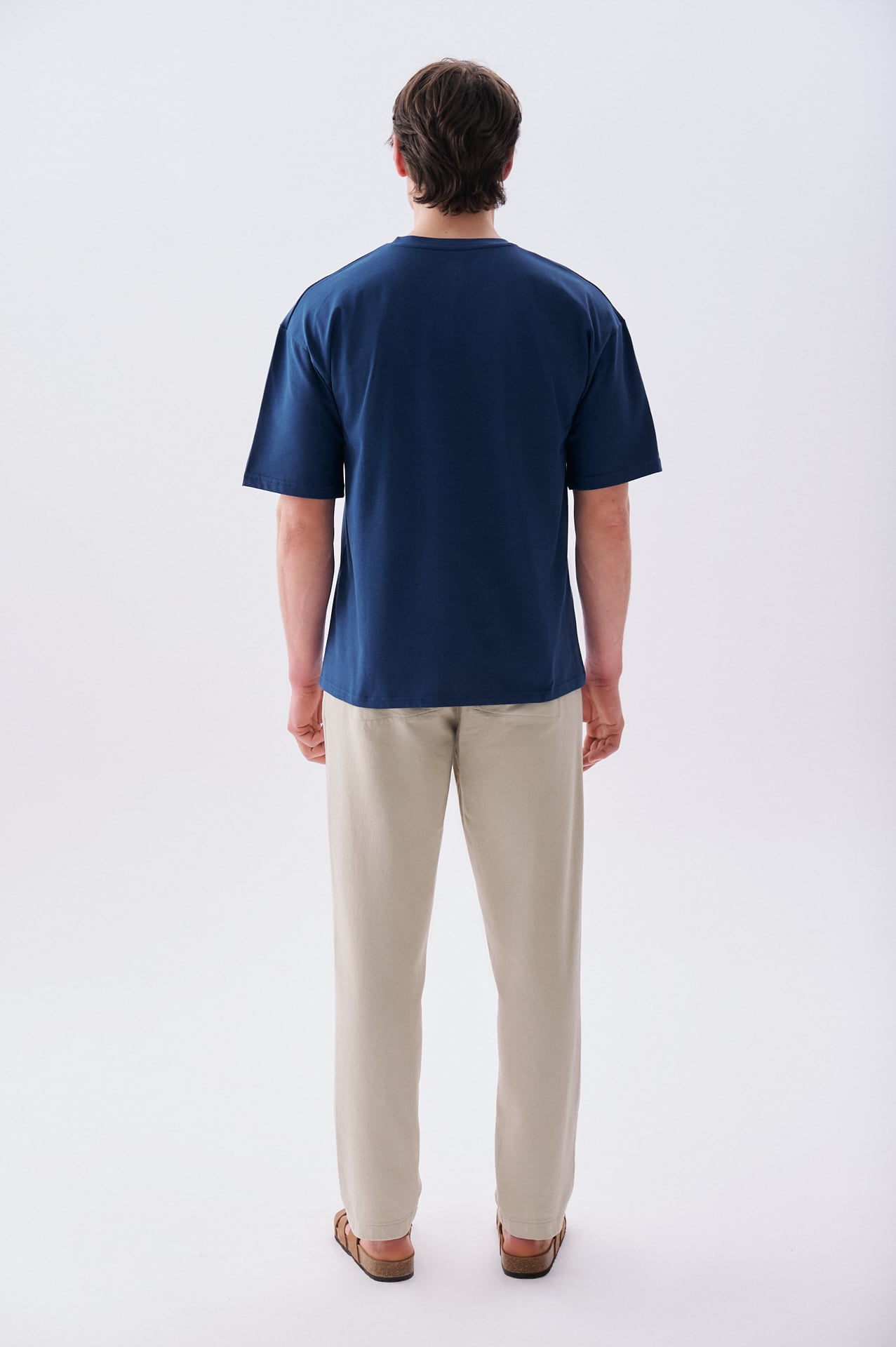 Erkek Koyu Mavi Baskılı Oversize Bisiklet Yaka T-Shirt