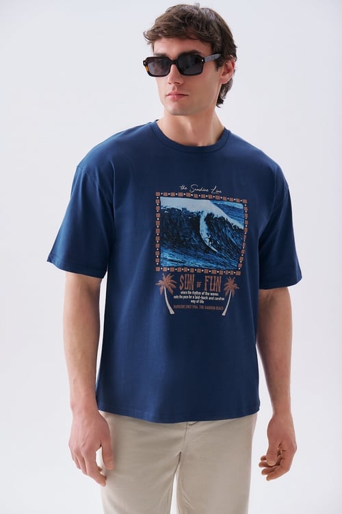 Erkek Koyu Mavi Baskılı Oversize Bisiklet Yaka T-Shirt