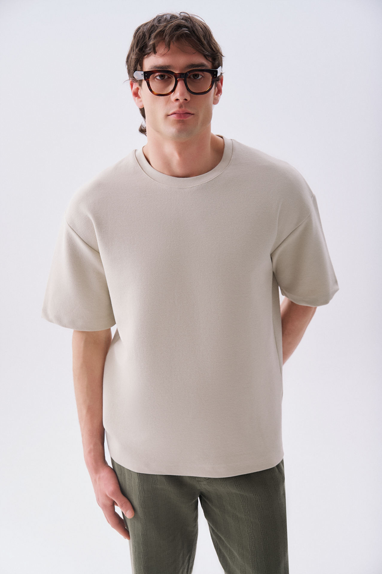 Erkek Taş Rengi Oversize Bisiklet Yaka T-Shirt