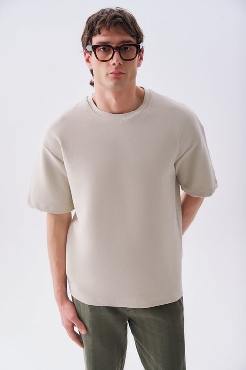 Erkek Taş Rengi Oversize Bisiklet Yaka T-Shirt