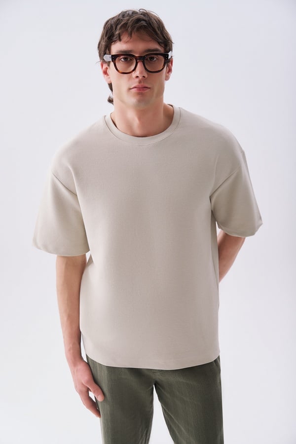 Erkek Taş Rengi Oversize Bisiklet Yaka T-Shirt
